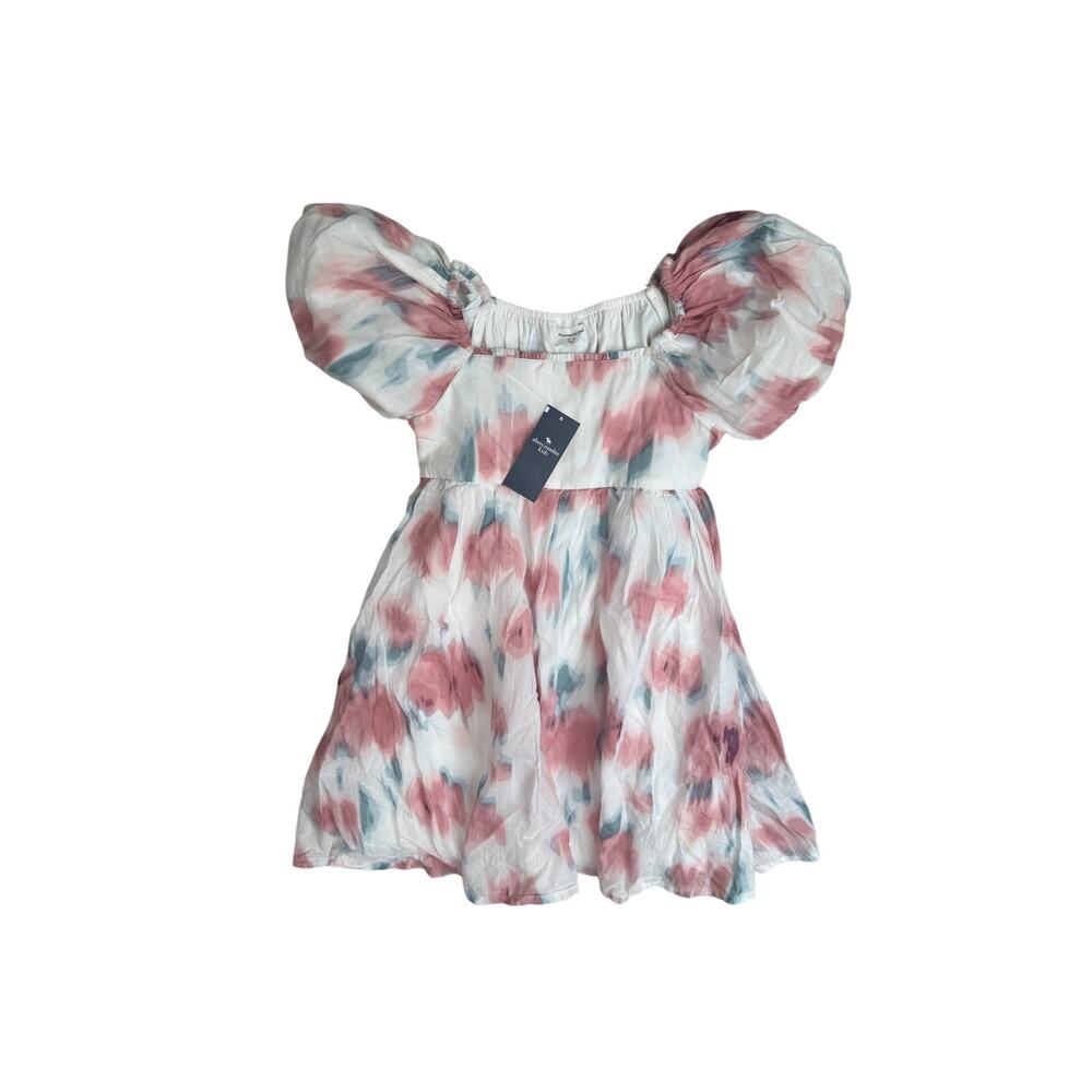 Abercrombie & Fitch Kids Babydoll Puff Sleeve Mini Dress White Pink 7/8